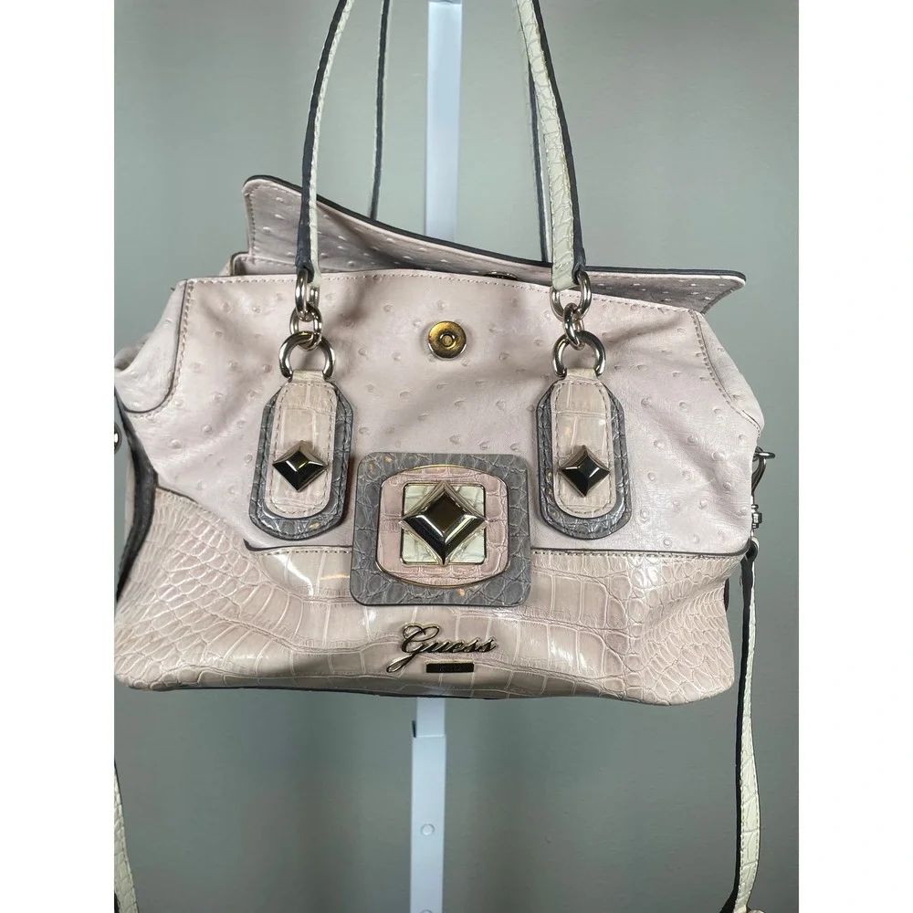 Guess Satchel Bag Purse Medium Pink Faux Ostrich Croc Studded Handbag